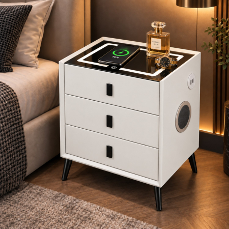 Noptiera Multifunctionala cu 3 Sertare, Incarcare Wireless si Boxa Bluetooth, Afisaj LED Tactil cu 3 Culori si 2 Porturi USB, 45x40x60cm, Alb [4]