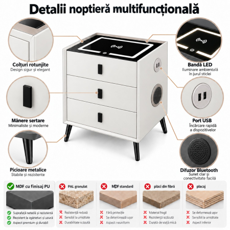 Noptiera Multifunctionala cu 3 Sertare, Incarcare Wireless si Boxa Bluetooth, Afisaj LED Tactil cu 3 Culori si 2 Porturi USB, 45x40x60cm, Alb [10]
