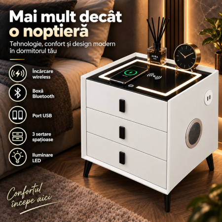 Noptiera Multifunctionala cu 3 Sertare, Incarcare Wireless si Boxa Bluetooth, Afisaj LED Tactil cu 3 Culori si 2 Porturi USB, 45x40x60cm, Alb [12]