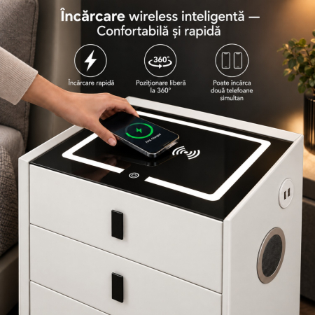 Noptiera Multifunctionala cu 3 Sertare, Incarcare Wireless si Boxa Bluetooth, Afisaj LED Tactil cu 3 Culori si 2 Porturi USB, 45x40x60cm, Alb [5]