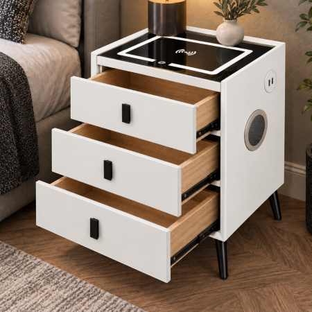 Noptiera Multifunctionala cu 3 Sertare, Incarcare Wireless si Boxa Bluetooth, Afisaj LED Tactil cu 3 Culori si 2 Porturi USB, 45x40x60cm, Alb [2]