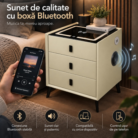 Noptiera Multifunctionala cu 3 Sertare, Incarcare Wireless si Boxa Bluetooth, Afisaj LED Tactil cu 3 Culori si 2 Porturi USB, 45x40x60cm, Bej [6]