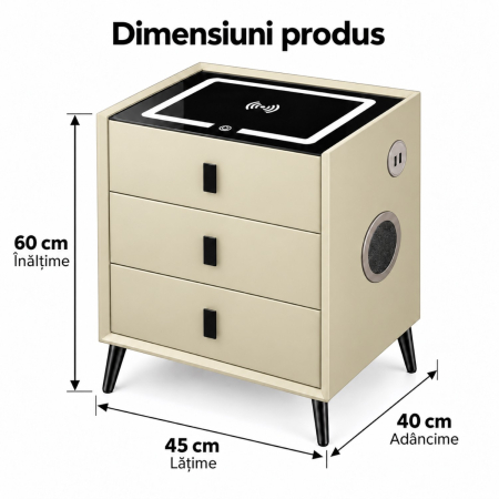 Noptiera Multifunctionala cu 3 Sertare, Incarcare Wireless si Boxa Bluetooth, Afisaj LED Tactil cu 3 Culori si 2 Porturi USB, 45x40x60cm, Bej [11]