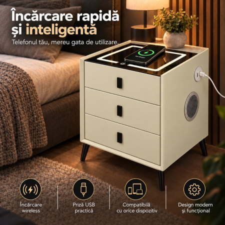 Noptiera Multifunctionala cu 3 Sertare, Incarcare Wireless si Boxa Bluetooth, Afisaj LED Tactil cu 3 Culori si 2 Porturi USB, 45x40x60cm, Bej [7]