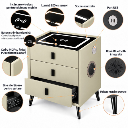 Noptiera Multifunctionala cu 3 Sertare, Incarcare Wireless si Boxa Bluetooth, Afisaj LED Tactil cu 3 Culori si 2 Porturi USB, 45x40x60cm, Bej [3]