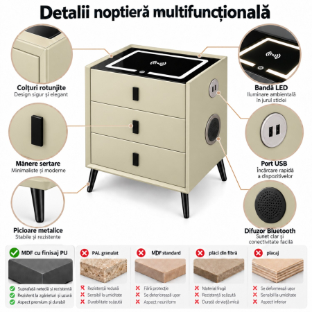Noptiera Multifunctionala cu 3 Sertare, Incarcare Wireless si Boxa Bluetooth, Afisaj LED Tactil cu 3 Culori si 2 Porturi USB, 45x40x60cm, Bej [10]