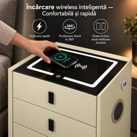 Noptiera Multifunctionala cu 3 Sertare, Incarcare Wireless si Boxa Bluetooth, Afisaj LED Tactil cu 3 Culori si 2 Porturi USB, 45x40x60cm, Bej [5]