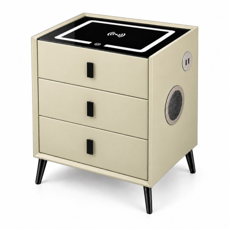 Mobila dormitor - Noptiera Multifunctionala cu 3 Sertare, Incarcare Wireless si Boxa Bluetooth, Afisaj LED Tactil cu 3 Culori si 2 Porturi USB, 45x40x60cm, Bej