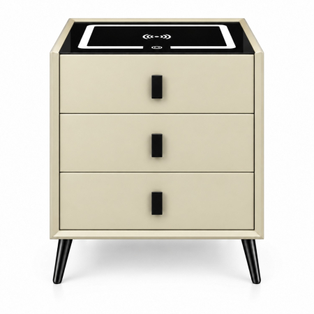Noptiera Multifunctionala cu 3 Sertare, Incarcare Wireless si Boxa Bluetooth, Afisaj LED Tactil cu 3 Culori si 2 Porturi USB, 45x40x60cm, Bej [1]