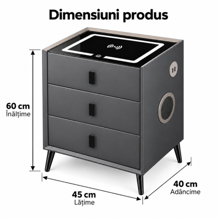 Noptiera Multifunctionala cu 3 Sertare, Incarcare Wireless si Boxa Bluetooth, Afisaj LED Tactil cu 3 Culori si 2 Porturi USB, 45x40x60cm, Gri Antracit [11]