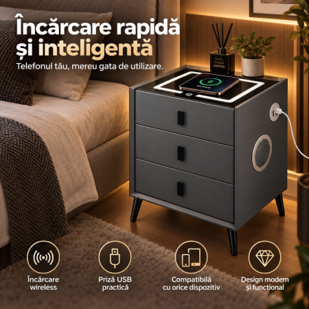 Noptiera Multifunctionala cu 3 Sertare, Incarcare Wireless si Boxa Bluetooth, Afisaj LED Tactil cu 3 Culori si 2 Porturi USB, 45x40x60cm, Gri Antracit [7]