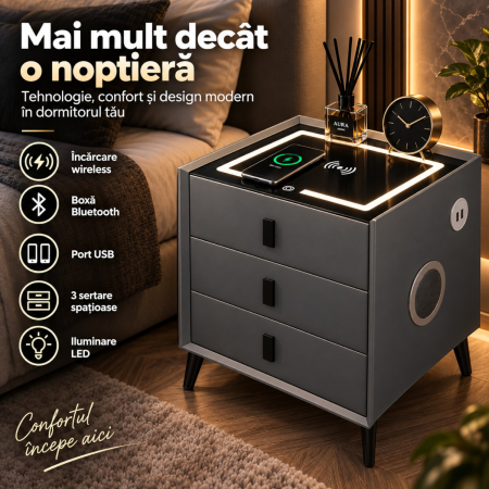 Noptiera Multifunctionala cu 3 Sertare, Incarcare Wireless si Boxa Bluetooth, Afisaj LED Tactil cu 3 Culori si 2 Porturi USB, 45x40x60cm, Gri Antracit [12]