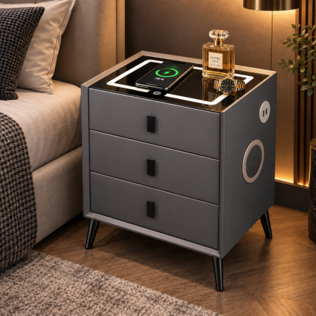 Noptiera Multifunctionala cu 3 Sertare, Incarcare Wireless si Boxa Bluetooth, Afisaj LED Tactil cu 3 Culori si 2 Porturi USB, 45x40x60cm, Gri Antracit [4]