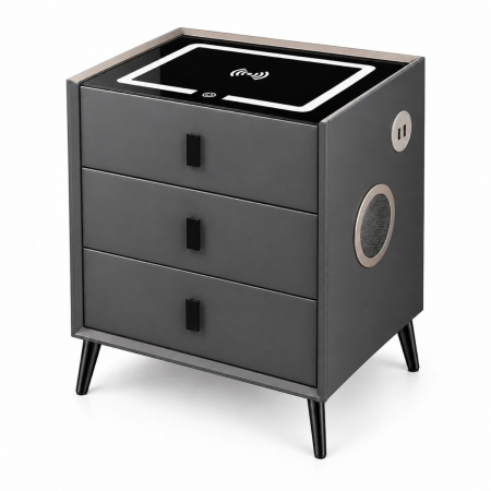 Mobila dormitor - Noptiera Multifunctionala cu 3 Sertare, Incarcare Wireless si Boxa Bluetooth, Afisaj LED Tactil cu 3 Culori si 2 Porturi USB, 45x40x60cm, Gri Antracit