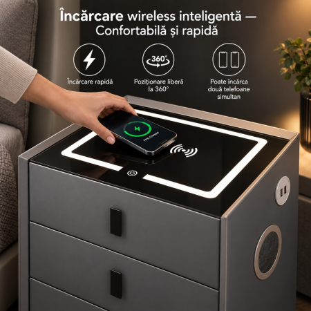 Noptiera Multifunctionala cu 3 Sertare, Incarcare Wireless si Boxa Bluetooth, Afisaj LED Tactil cu 3 Culori si 2 Porturi USB, 45x40x60cm, Gri Antracit [5]