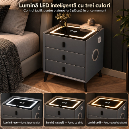Noptiera Multifunctionala cu 3 Sertare, Incarcare Wireless si Boxa Bluetooth, Afisaj LED Tactil cu 3 Culori si 2 Porturi USB, 45x40x60cm, Gri Antracit [8]