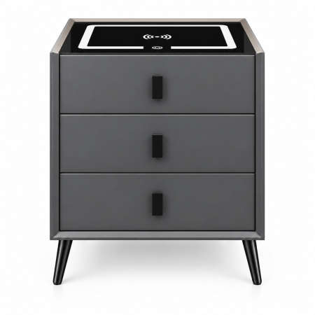 Noptiera Multifunctionala cu 3 Sertare, Incarcare Wireless si Boxa Bluetooth, Afisaj LED Tactil cu 3 Culori si 2 Porturi USB, 45x40x60cm, Gri Antracit [1]