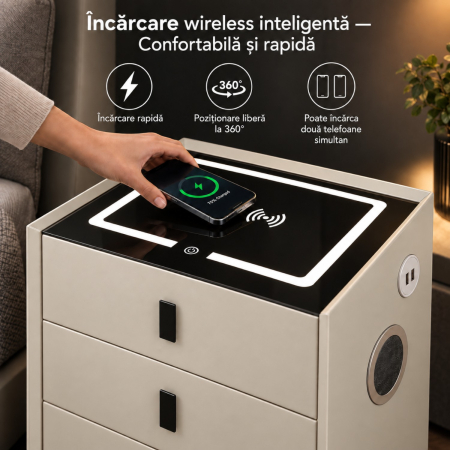 Noptiera Multifunctionala cu 3 Sertare, Incarcare Wireless si Boxa Bluetooth, Afisaj LED Tactil cu 3 Culori si 2 Porturi USB, 45x40x60cm, Gri Deschis [5]