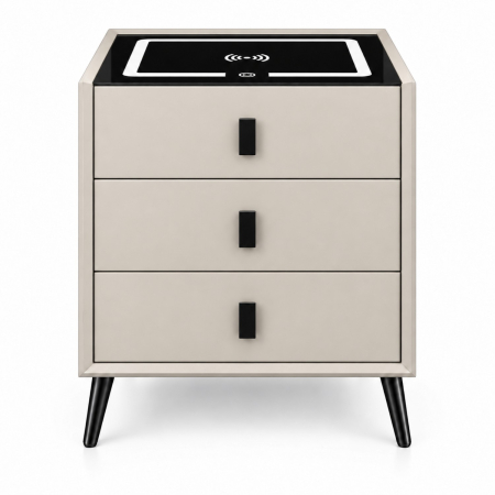 Noptiera Multifunctionala cu 3 Sertare, Incarcare Wireless si Boxa Bluetooth, Afisaj LED Tactil cu 3 Culori si 2 Porturi USB, 45x40x60cm, Gri Deschis [1]