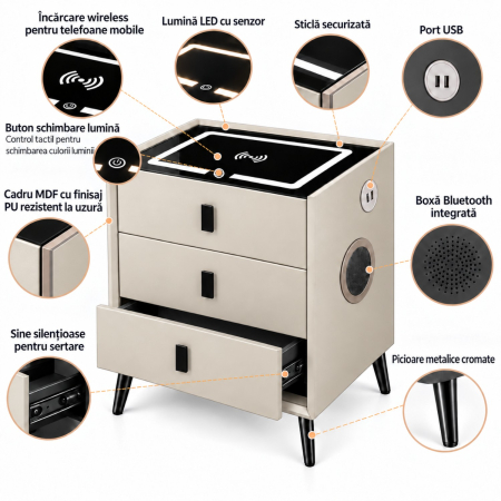 Noptiera Multifunctionala cu 3 Sertare, Incarcare Wireless si Boxa Bluetooth, Afisaj LED Tactil cu 3 Culori si 2 Porturi USB, 45x40x60cm, Gri Deschis [3]