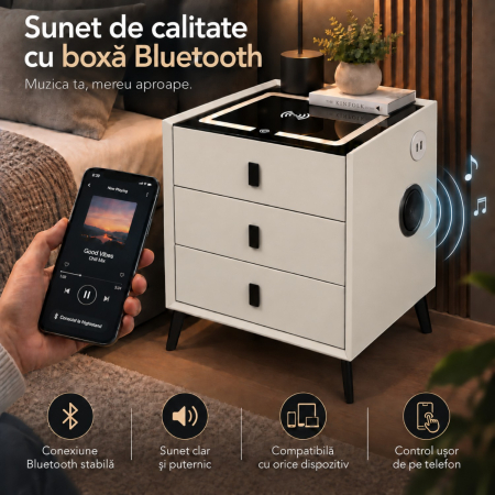 Noptiera Multifunctionala cu 3 Sertare, Incarcare Wireless si Boxa Bluetooth, Afisaj LED Tactil cu 3 Culori si 2 Porturi USB, 45x40x60cm, Gri Deschis [6]