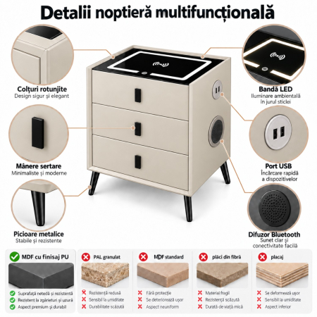 Noptiera Multifunctionala cu 3 Sertare, Incarcare Wireless si Boxa Bluetooth, Afisaj LED Tactil cu 3 Culori si 2 Porturi USB, 45x40x60cm, Gri Deschis [10]