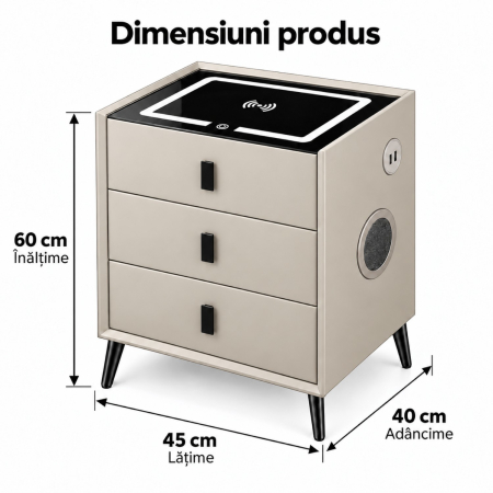 Noptiera Multifunctionala cu 3 Sertare, Incarcare Wireless si Boxa Bluetooth, Afisaj LED Tactil cu 3 Culori si 2 Porturi USB, 45x40x60cm, Gri Deschis [11]