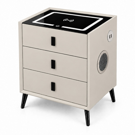 Mobila dormitor - Noptiera Multifunctionala cu 3 Sertare, Incarcare Wireless si Boxa Bluetooth, Afisaj LED Tactil cu 3 Culori si 2 Porturi USB, 45x40x60cm, Gri Deschis