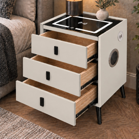Noptiera Multifunctionala cu 3 Sertare, Incarcare Wireless si Boxa Bluetooth, Afisaj LED Tactil cu 3 Culori si 2 Porturi USB, 45x40x60cm, Gri Deschis [2]