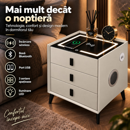 Noptiera Multifunctionala cu 3 Sertare, Incarcare Wireless si Boxa Bluetooth, Afisaj LED Tactil cu 3 Culori si 2 Porturi USB, 45x40x60cm, Gri Deschis [12]