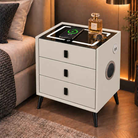 Noptiera Multifunctionala cu 3 Sertare, Incarcare Wireless si Boxa Bluetooth, Afisaj LED Tactil cu 3 Culori si 2 Porturi USB, 45x40x60cm, Gri Deschis [4]
