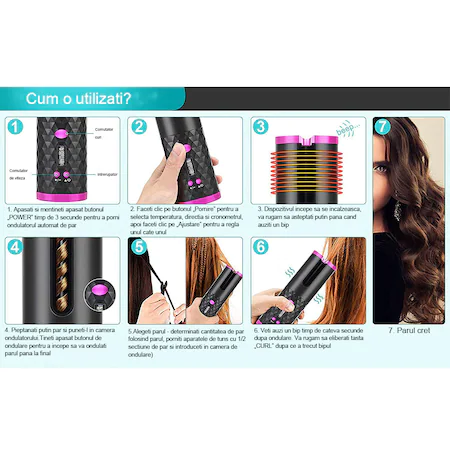 Ondulator de par automat wireless ( fara fir ), 150 - 200 °C, 6 setari de temperatura si timp, afisaj LCD, baterie incorporata, incarcare USB, functie PowerBank ( incarcare telefon ) [7]
