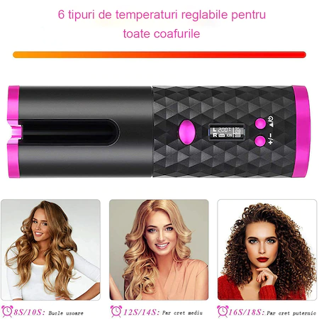 Ondulator de par automat wireless ( fara fir ), 150 - 200 °C, 6 setari de temperatura si timp, afisaj LCD, baterie incorporata, incarcare USB, functie PowerBank ( incarcare telefon ) [3]
