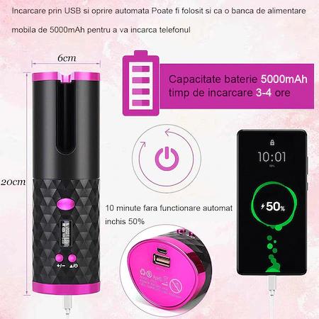 Ondulator de par automat wireless ( fara fir ), 150 - 200 °C, 6 setari de temperatura si timp, afisaj LCD, baterie incorporata, incarcare USB, functie PowerBank ( incarcare telefon ) [6]