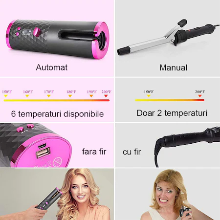Ondulator de par automat wireless ( fara fir ), 150 - 200 °C, 6 setari de temperatura si timp, afisaj LCD, baterie incorporata, incarcare USB, functie PowerBank ( incarcare telefon ) [4]