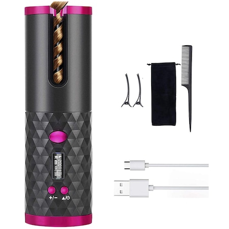 Ondulator de par automat wireless ( fara fir ), 150 - 200 °C, 6 setari de temperatura si timp, afisaj LCD, baterie incorporata, incarcare USB, functie PowerBank ( incarcare telefon ) [1]