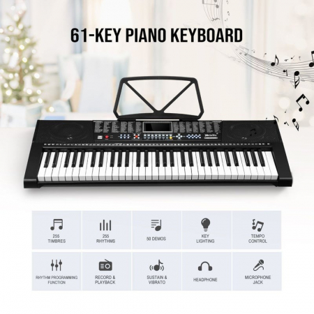Orga electronica 61 clape, 255 ritmuri, 255 timbre, 50 melodii demonstrative, 5 octave, clape luminate led, functii invatare 3 lectii, functii inregistrare si redare, usb, mp3, afisaj lcd, suport part [18]
