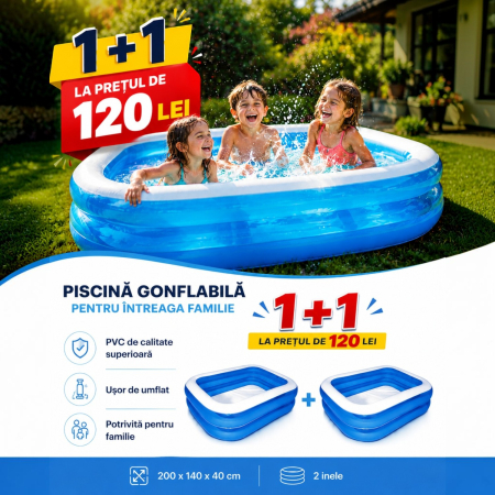 Casa, Gradina & Bricolaj - Pachet 2 Piscine Gonflabile Familiale din PVC rezistent, 200x140x40 cm, 2 inele, pentru curte si gradina