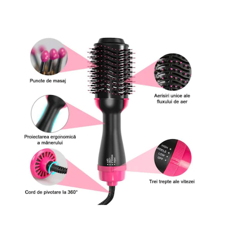 Perie de par electrica ceramica cu aer cald pentru volum One Step 3 in 1, uscator, perie, ondulator, 1000W, tehnologie Ionica, 3 trepte de viteza [5]