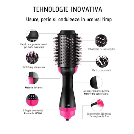 Perie de par electrica ceramica cu aer cald pentru volum One Step 3 in 1, uscator, perie, ondulator, 1000W, tehnologie Ionica, 3 trepte de viteza [3]