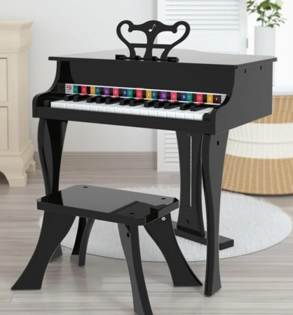 Orgi electronice - Pian din lemn pentru copii, 30 clape, scaun inclus, negru