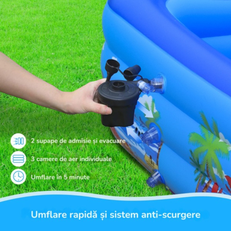 Piscina gonflabila familiala din PVC rezistent, 180x125x54 cm, 3 inele, design tropical, pentru curte si gradina [3]