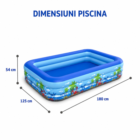 Piscina gonflabila familiala din PVC rezistent, 180x125x54 cm, 3 inele, design tropical, pentru curte si gradina [8]