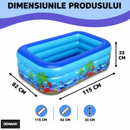 Piscina gonflabila pentru copii din PVC rezistent, 115x82x33 cm, 3 inele, design tropical, pentru terasa si curte [5]