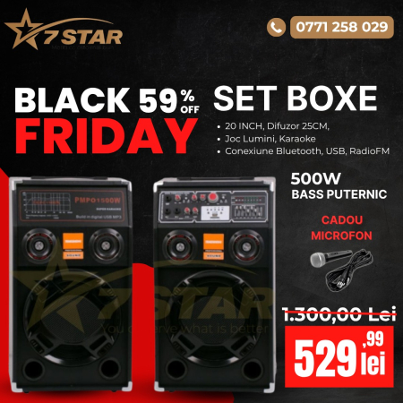 Audio - PROMOTIE Set Boxe Active Profesionale 7STAR 7S-284 500W, 20 INCH, Difuzor 25CM, Joc Lumini, Karaoke, Bass Foarte Puternic, Conexiune Bluetooth, USB, RadioFM, CADOU Microfon Profesional si Telecomanda