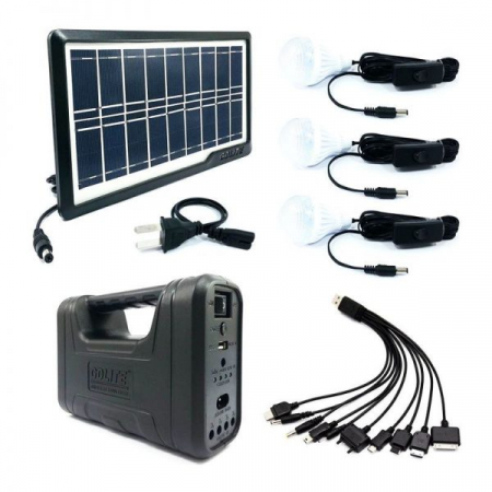 Sisteme si panouri solare - Sistem Solar Pentru Camping Cu 3 Becuri, Panou Solar Inclus, Port USB, Radio FM, MP3 Player, Lanterna Cu Led-Uri, Tensiune 110 - 240 V, 50/60 Hz, Design Modern, Negru