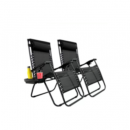 Mobila gradina & terasa - Set 2 Sezlong Scaun Pliabil, Gravitatie Zero, Pentru Terasa, Gradina Sau Plaja , Tetiera, Suport Bauturi, Reglabil, Negru din Textilen, 90x65x110cm