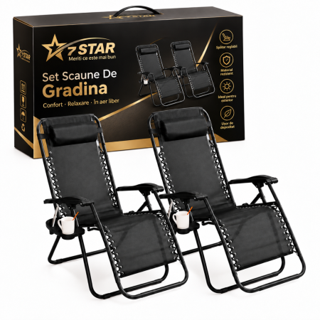 Casa, Gradina & Bricolaj - Set 2 Sezlonguri Pliabile, Gravitatie Zero, Pentru Terasa, Gradina Sau Plaja , Tetiera, Suport Bauturi, Reglabil, Negru