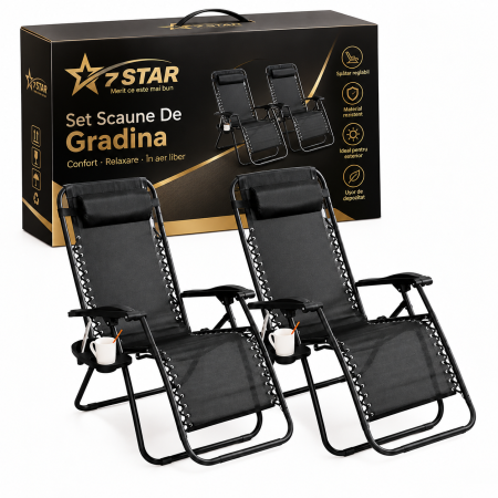 Mobila gradina & terasa - Set 2 Sezlonguri Pliabile, Gravitatie Zero, Pentru Terasa, Gradina Sau Plaja , Tetiera, Suport Bauturi, Reglabil, Negru
