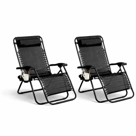 Set 2 Sezlonguri Pliabile, Gravitatie Zero, Pentru Terasa, Gradina Sau Plaja , Tetiera, Suport Bauturi, Reglabil, Negru [1]